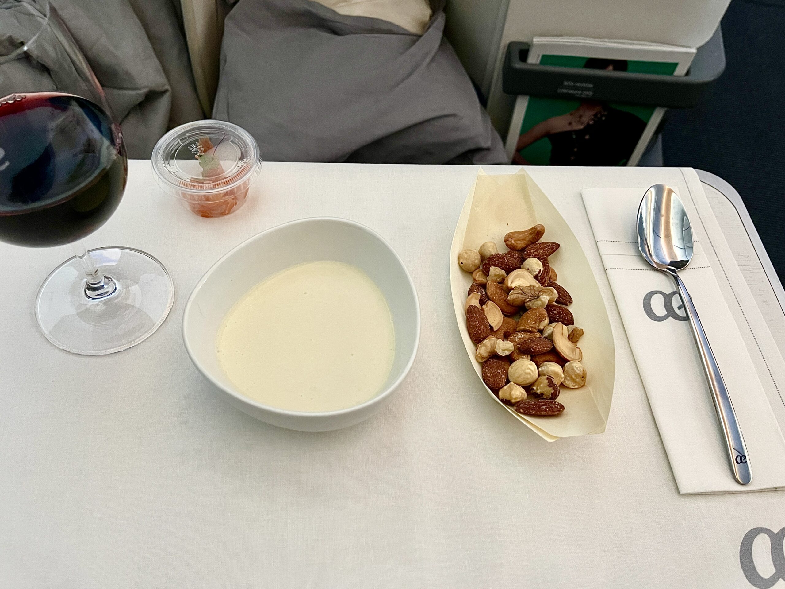 creamy white asparagus soup on Air Europa flight